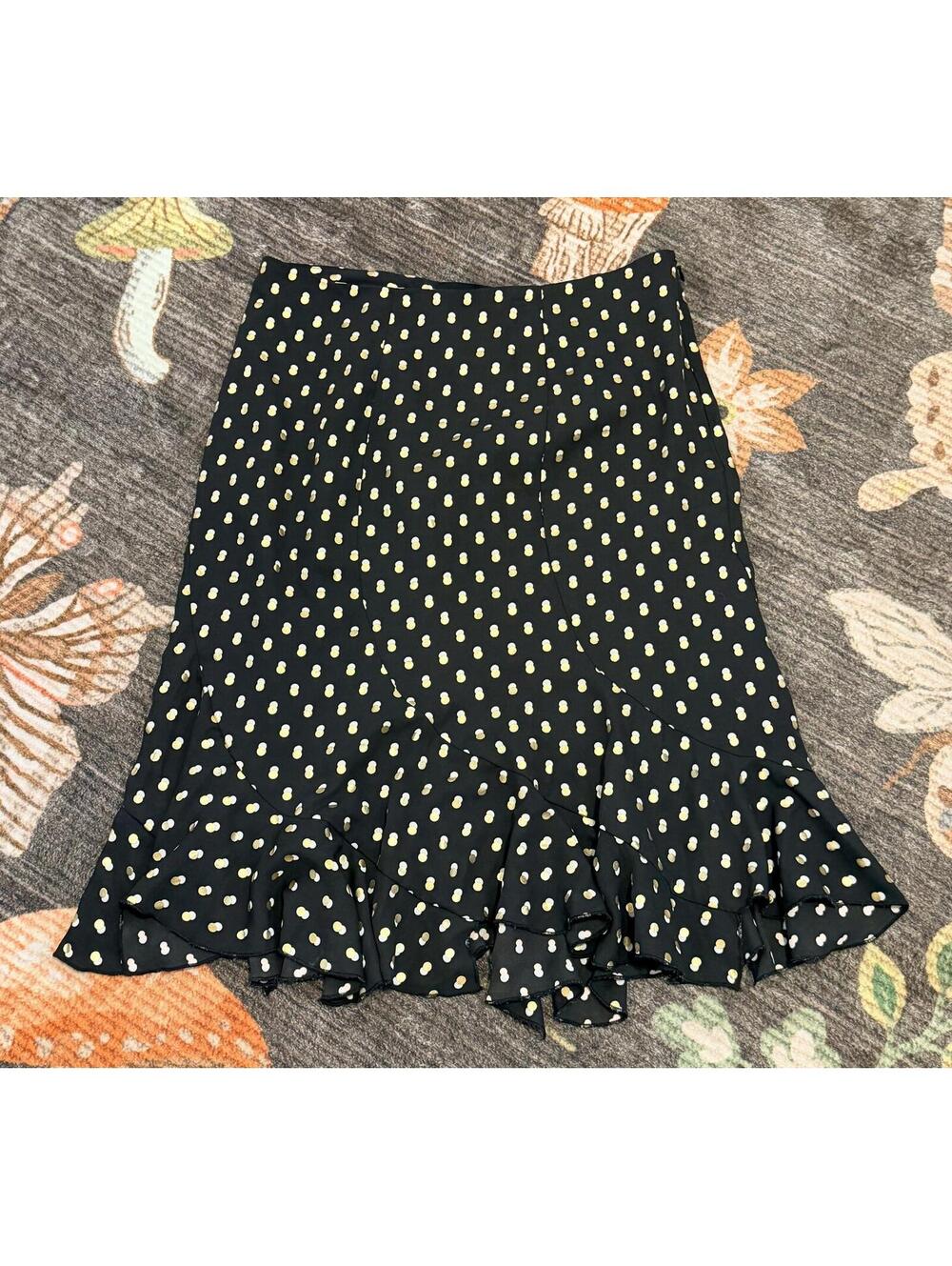 Who What Wear Black Gold Polka Dot Ruffle Hem Midi Skirt Women’s Size 10 Chiffon
